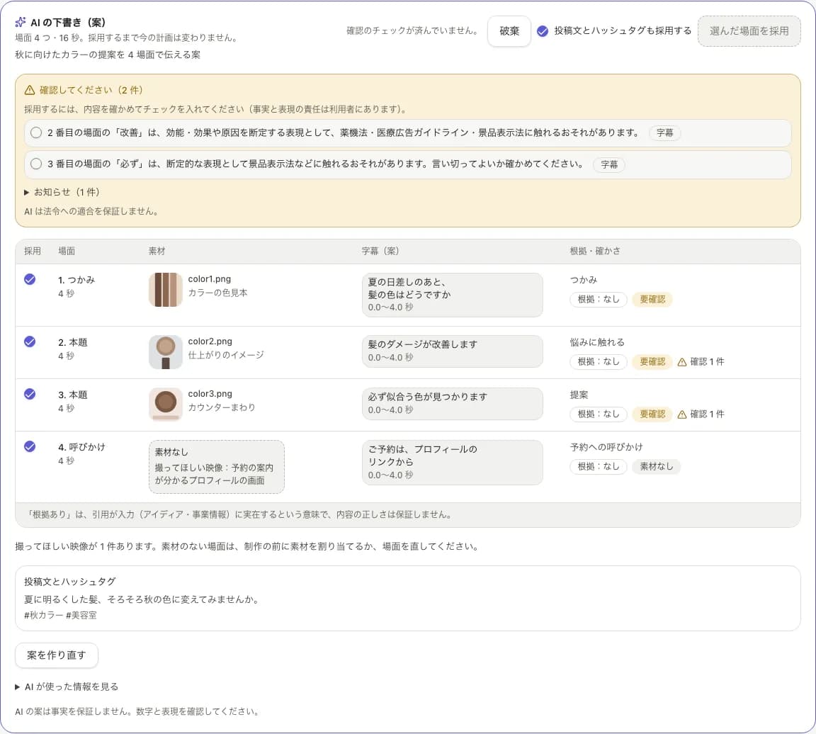 美容室の例の、AI の下書きの画面。「確認してください（2 件）」の欄に、「改善」と「必ず」の言い切りへの警告が 2 件出ていて、場面ごとの字幕の案が表の形で並ぶ