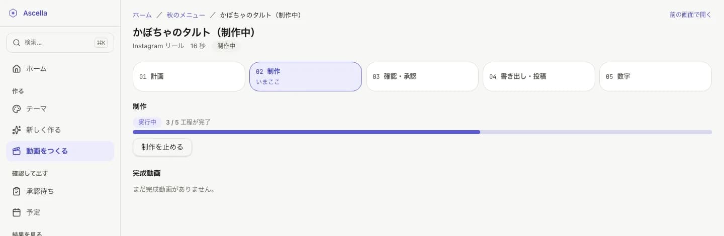 動画の制作の画面。「制作」の工程が今ここで、制作の進み具合のバーが表示されている